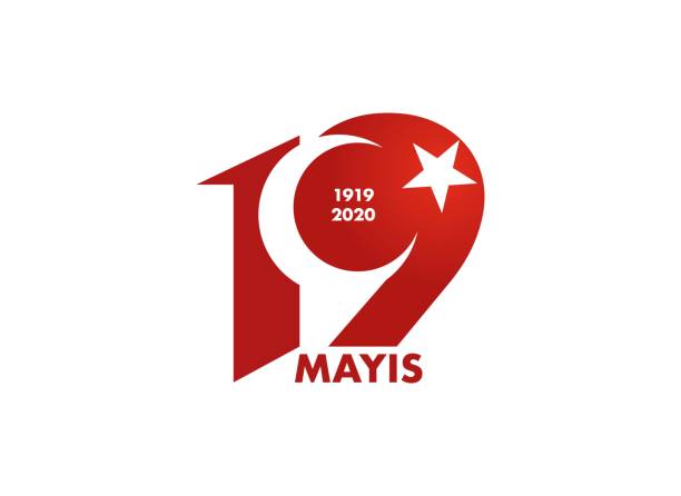 Turkish flag logotype in 19 fonts. 19 May Commemoration of Ataturk, Youth and Sports Holiday logo. Translation: 19 May Commemoration of Atat眉rk, Youth and Sports Day. number 19 stock illustrations