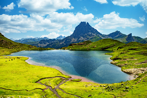 View of the Pic du Midi d'Ossau with lake in the French Pyrenees