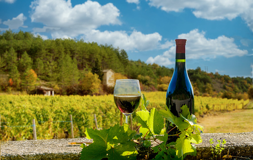 a bottle and glass of red wine with vineyards in french countryside