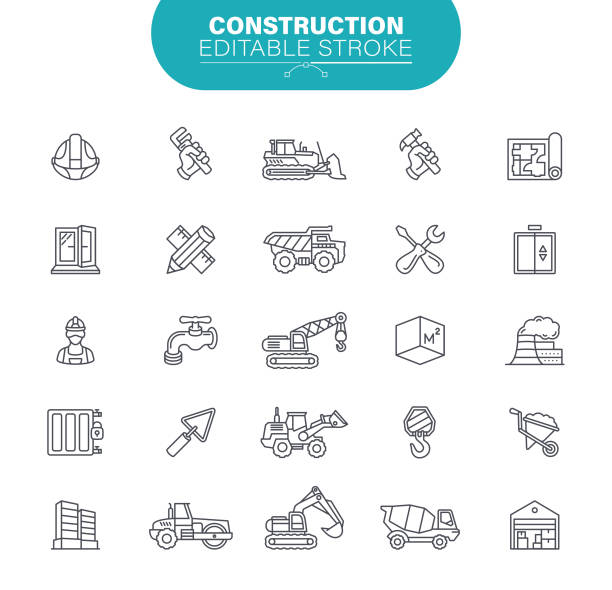 ikony konstrukcyjne. edytowalny obrys. w ikonie zestawu jako budownictwo, nieruchomości, praca, naprawa domu, ilustracja - crane mobile crane derrick crane construction vehicle stock illustrations