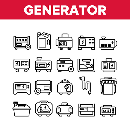 Portable Generator Collection Icons Set Vector. Generator Equipment For Generating Electricity, Fuel Bottle Package And Electrical Cord Concept Linear Pictograms. Monochrome Contour Illustrations