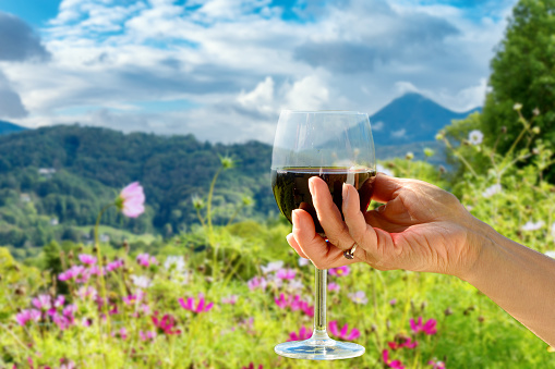 woman holding a glass of red wine, flowers and mountains in background