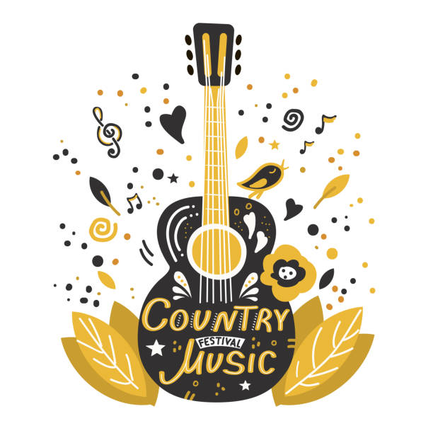 Illustration with acoustic guitar and hand lettering. Guitar concert flyer template. Flat hand drawn vector illustration. Rock band performance, concert banner template