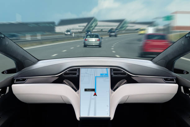 Autonomous car on a road Autonomous car on a road. Inside view. driverless car stock pictures, royalty-free photos & images