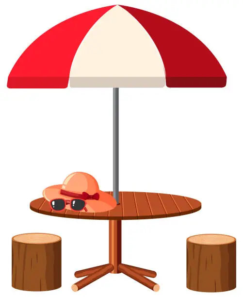 Vector illustration of Picnic talbe and umbrella on white background