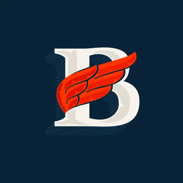 Vector illustration of Letter B logo with red wing. Classic serif font with shadow made of lines.