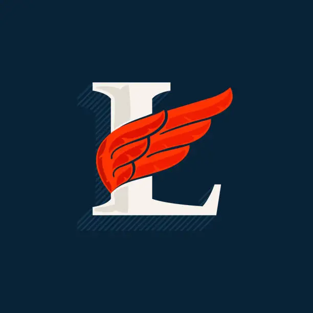 Vector illustration of Letter L logo with red wing. Classic serif font with shadow made of lines.