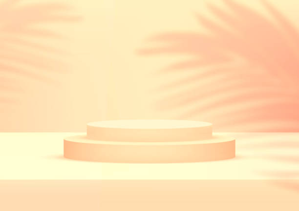 istock Empty podium studio orange background with palm leaves for product display. Showroom shoot render. Banner background for advertise product. 1224108849