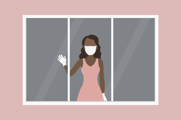 афроамериканка стоит у окна в больнице и машет рукой. иллюстрация вектора - looking through window illustrations stock illustrations