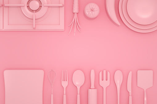 3d rendering of kitchen utensils on colorful background, minimal design, flat lay, copy space.