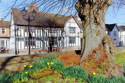 May 11th. 2020. Half timbered buildings on the High Street, Solihull, West Midlands England UK. It is a sunny day in Spring and there are  no recognisable people in the image.