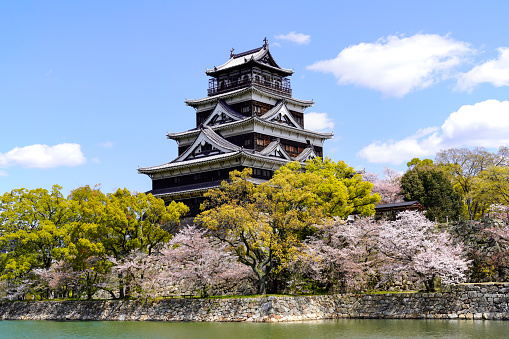Hiroshima  Castle is in nearly center of Hiroshima City. The castle was built by Terumoto Mori in 1589 and  was destroyed by the atomic bomb 1945. The castle in the photo was rebuilt as a museum in1958.