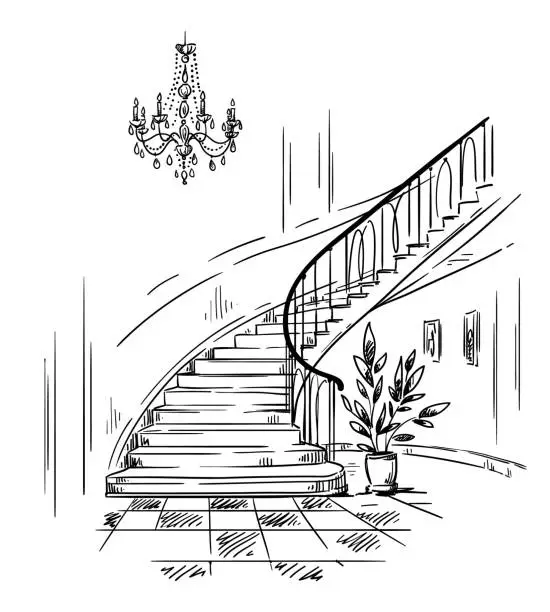 Vector illustration of interior design, spacious hall and staircase drawing vector
