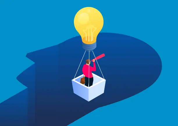 Vector illustration of Businessman escapes from the abyss of the brain, stands on a hot air balloon and flies to the sky and looks into the distance through a telescope to plan the future, business idea