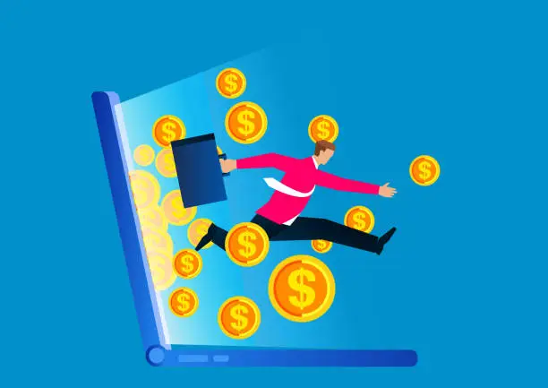 Vector illustration of Businessman and a pile of gold coins flying out of a computer screen