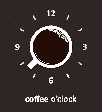 Cup of coffee with hand drawn clock face over blackboard background. Coffee o clock, break time, good morning concept