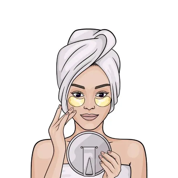 Vector illustration of Woman puts beauty eye patches under her eyes