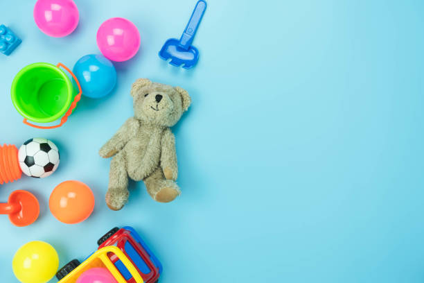 istock Table top view decoration kid toys for develop background concept.Flat lay accessories baby to play with items child on modern blue paper at office desk.Copy space for add text.pastel tone wallpaper. 1224118665