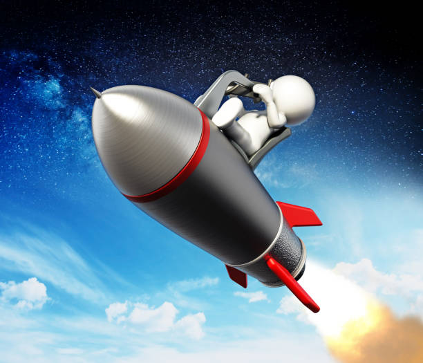 istock 3D white figure riding a flying rocket. Business and creativity concept 1224122329