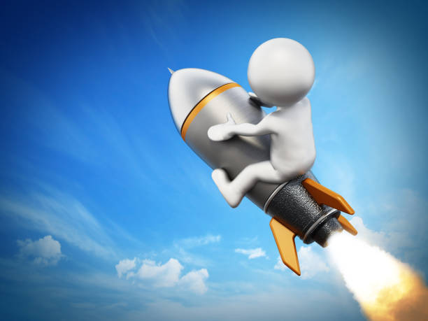 istock 3D white figure riding a flying rocket. Business and creativity concept 1224122457