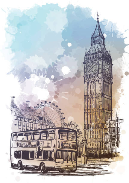 istock Parliament square, Westminster, London, UK. Linear sketch on a watercolor textured background. 1224122476