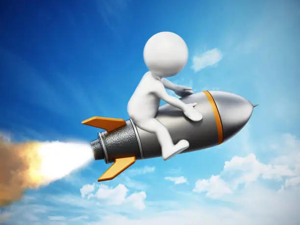 Photo of 3D white figure riding a flying rocket. Business and creativity concept