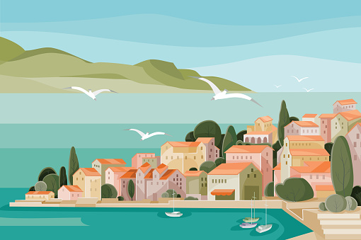 Mediterranean landscape with sea, mountains, beach and small houses with red roofs and seagulls flying over it all, vector illustration