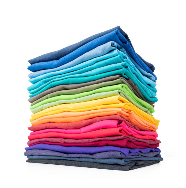 istock Stack tower of colorful t-shirt isolated on white background. File contains a path to isolation. 1224123930