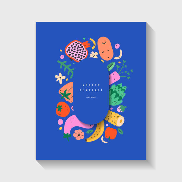 фруктовый и овощной шаблон, современные иллюстрации каракулей летних продуктов, векторный баннер или плакат с пустым пространством, рисов� - artichoke food vegetable fruit stock illustrations