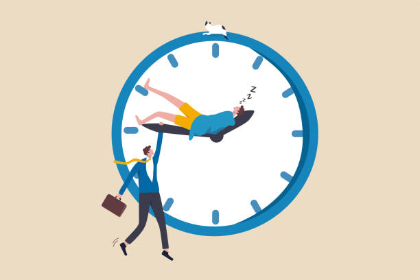 일과 생활의 균형, 근무 시간 초과, 집에서 일할 때 늦게 일하는 사람들, 근무 시간 개념과 개인 시간 혼합, 시계 분 손을 잡고 피곤한 사업가, 같은 시간 손에 자고있는 동안 - 시침 일러스트 stock illustrations