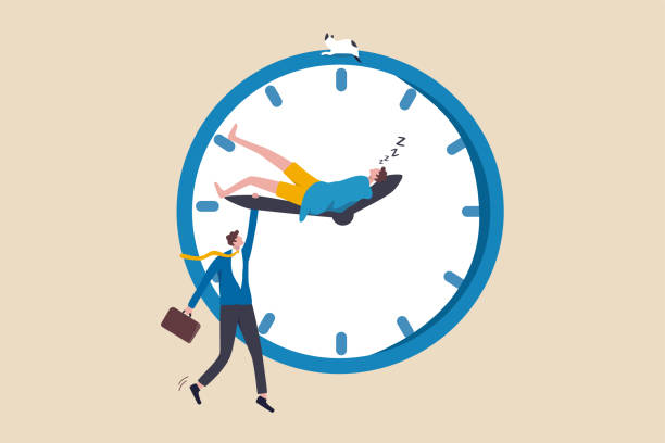 ilustrações de stock, clip art, desenhos animados e ícones de work life balance, work overtime, people work late when work from home, personal time blend with working hours concept, tired businessman holding clock minute hand while same one sleeping on hour hand - hour hand