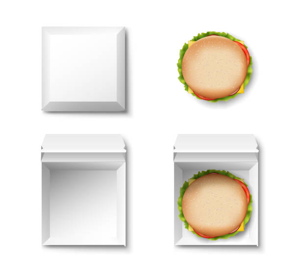 istock Set of Realistic Empty Package Box and with burger top View isolated. Fast Food hamburger mockup. White Container with burger. Vector 1224126799