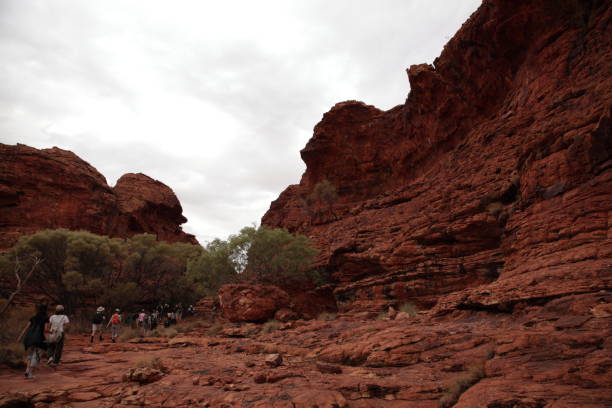 tourists hiking in kings canyon national park outback central australia. - uluru alice springs australia australian culture imagens e fotografias de stock
