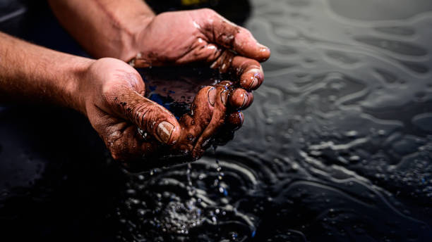 manos que vendean derrames de crudo en agua - pollution oil oil slick water pollution fotografías e imágenes de stock