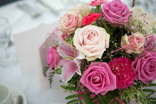 Close-up view of a beautiful bouquet of roses in a flower shop.