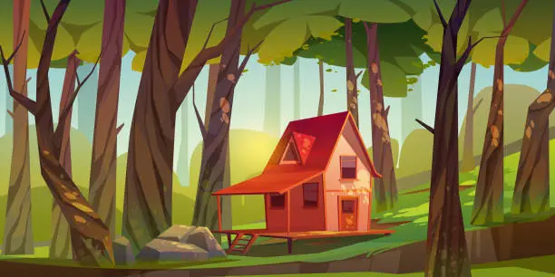 Vector illustration of Wooden house in forest or garden