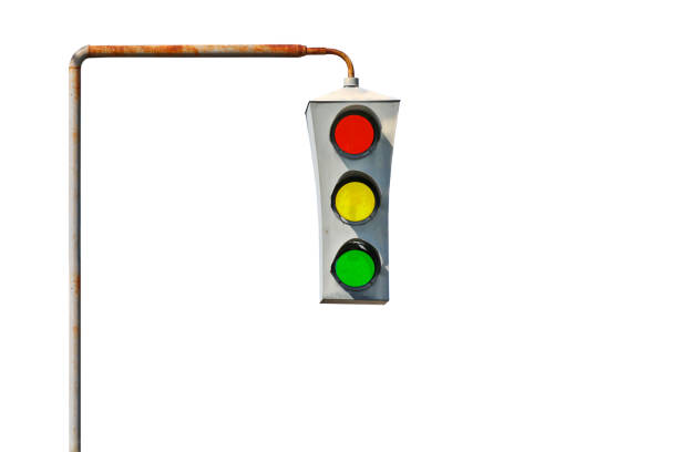 istock Isolated vintage old traffic light on a rusty post. Close-up. 1224131192