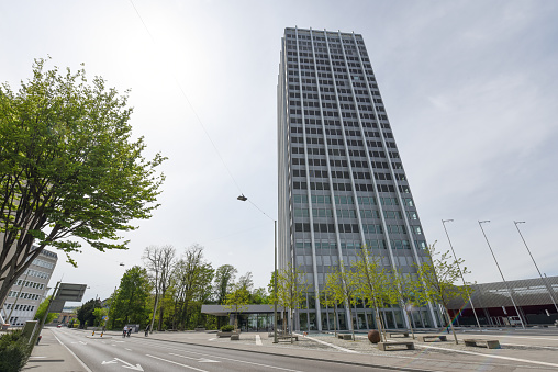 The Sulzer Hochhaus (Tower) was built between 1962 and 1966. The Tower was planed by the architects Suter & Suter. With its 99.7 meters its still the tallest building in Winterthur. The Image was captured during spring season.