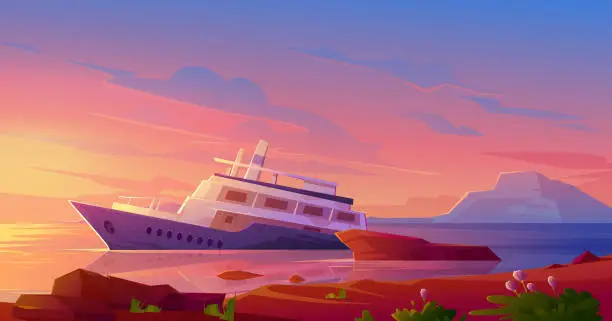 Vector illustration of Sunken cruise ship in ocean harbor at sunset