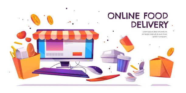 Vector illustration of Online food delivery, grocery order service banner