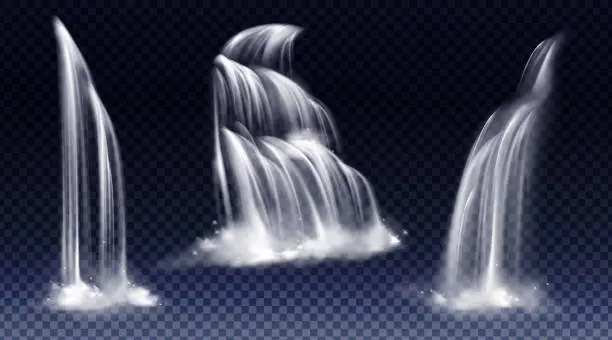 Vector illustration of Set of waterfalls with cascade, splash and fog