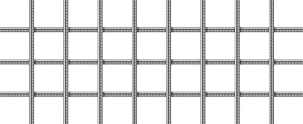 Grid of steel rebars, welded metal wire mesh Steel grid from reinforced rebars, welded metal wire mesh. Vector realistic lattice of iron rods for building construction, cage or prison cell. Grate of stainless armature on white background grill rods stock illustrations
