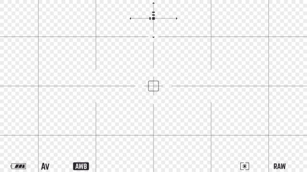 DSLR photo camera realistic overlay Photo camera realistic viewfinder overlay with video settings and autofocus points. 16:9 full hd format of frame template. DSLR professional camera frame vector template on transparent background. film camera overlay stock illustrations