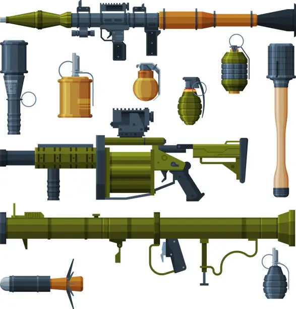 Vector illustration of Military Hand Grenade and Bazooka Portable Rocket Launcher Collection, Combat Army Weapon Objects Flat Style Vector Illustration