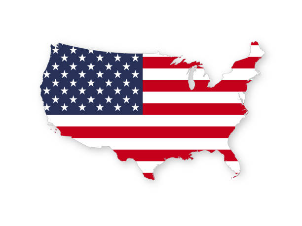 ilustraciones, imágenes clip art, dibujos animados e iconos de stock de mapa de los ee.uu. con la bandera nacional de los estados unidos de américa aislado sobre fondo blanco. - mapa de los estados unidos y la bandera estadounidense