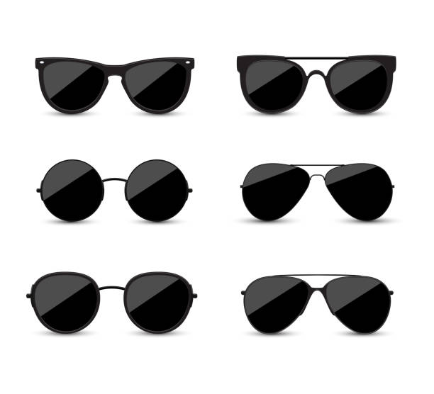 illustrations, cliparts, dessins animés et icônes de ensemble de lunettes de soleil noires à la mode sur le fond blanc. lunettes noires isolées avec de l’ombre pour votre conception. - sun protection glasses glass