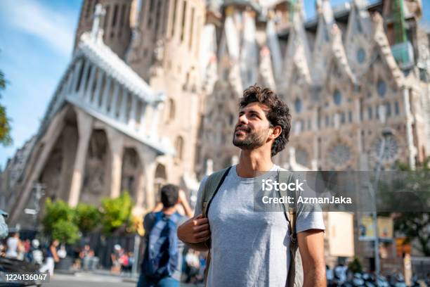 Mid Adult Male Tourist With Smart Phone In Barcelona Stock Photo - Download Image Now
