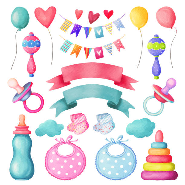 illustrazioni stock, clip art, cartoni animati e icone di tendenza di set bambino acquerello - pennant flag party old fashioned