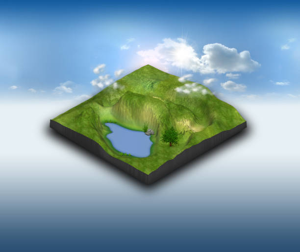 istock 3D landscape terrain with pond on blue sky 1224139266
