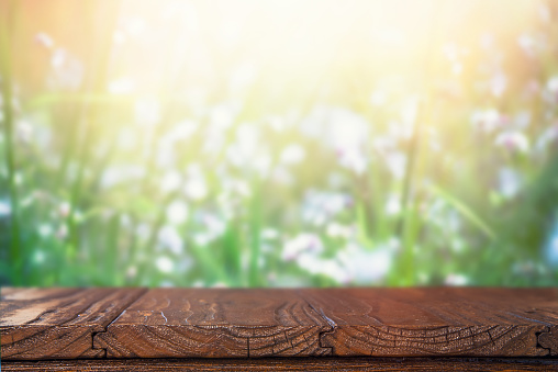 Empty rustic wooden table and defocused green grass and white wild flowers in the background